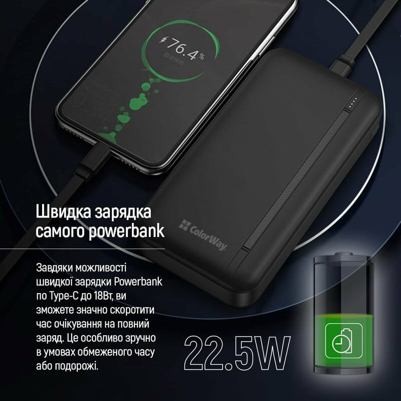 Универсальная мобильная батарея ColorWay Portable Charger 20000mAh Black (CW-PB200LPB4BK-PD)
