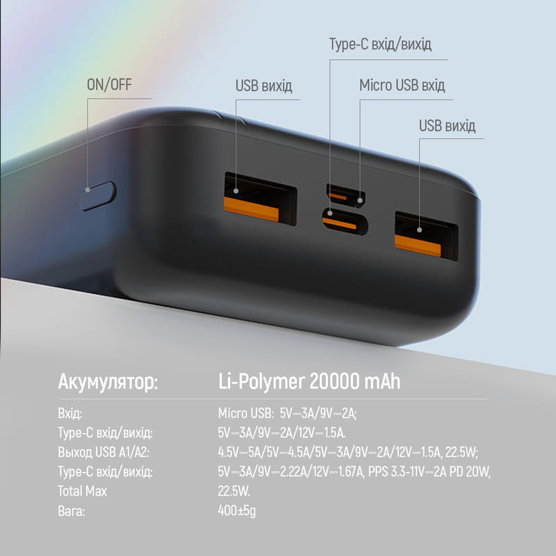 Универсальная мобильная батарея ColorWay Portable Charger 20000mAh Black (CW-PB200LPB4BK-PD)