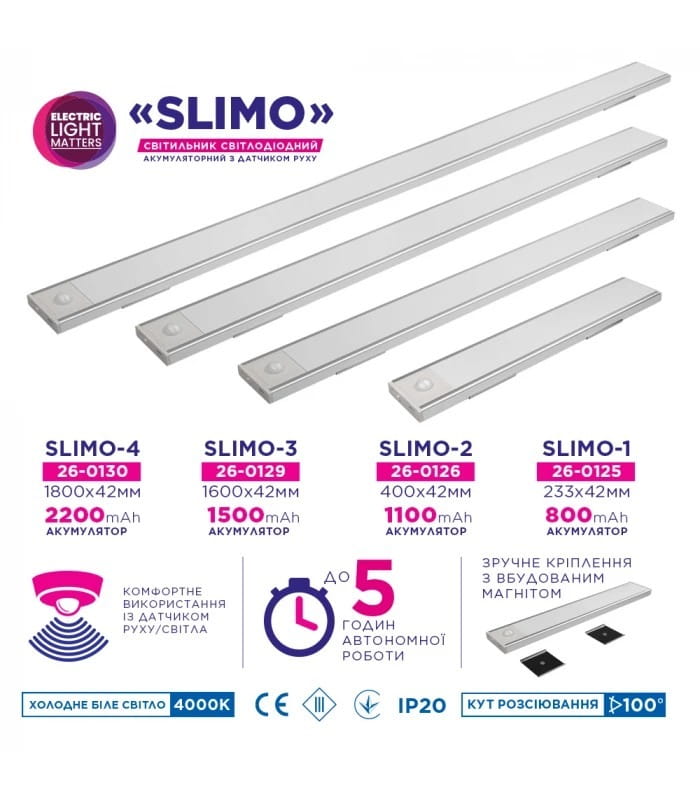 Светильник линейный светодиодный с аккумулятором и датчиком движения ELM Slimo 3W 4000К (26-0129)