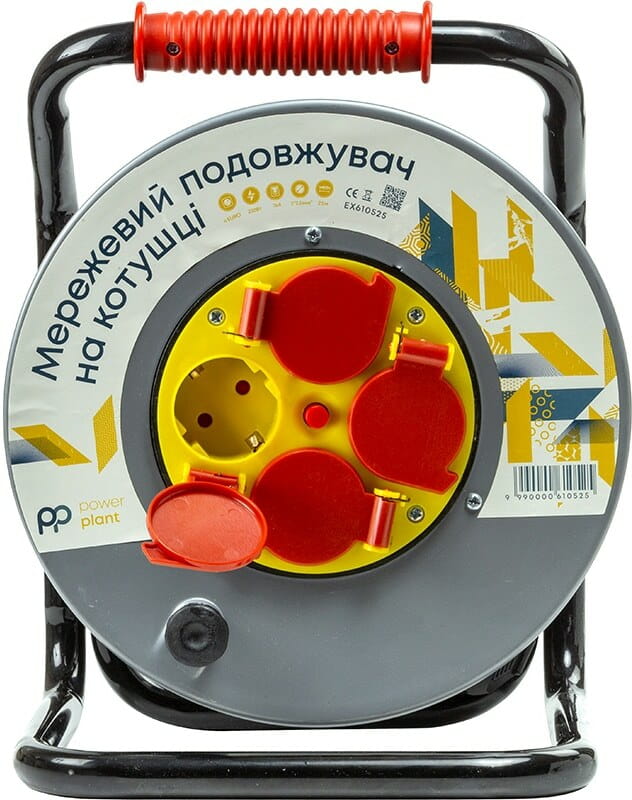 Подовжувач на котушці PowerPlant JY-20022/25 4 розетки, 16А, 3x2.5мм, 25 м, 100% мідь Grey (EX610525)