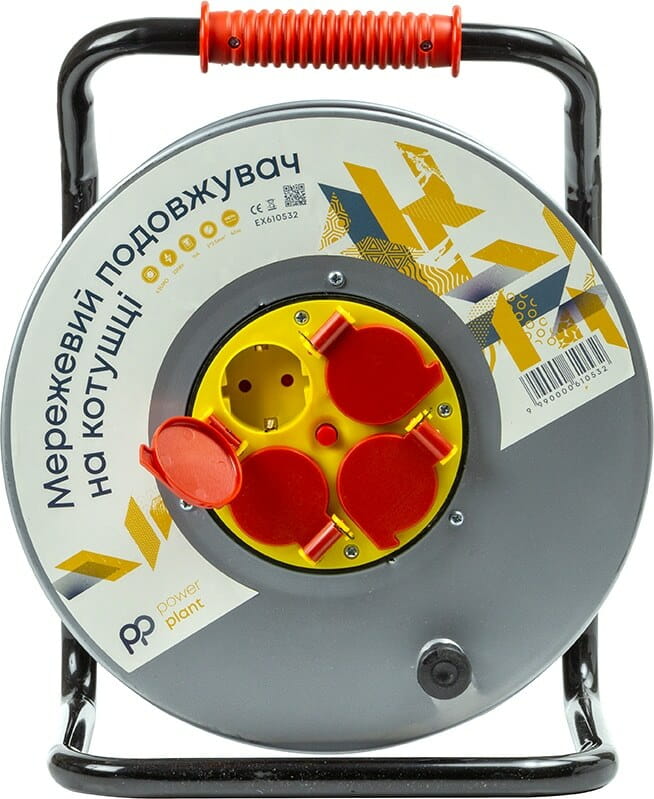 Удлинитель на катушке PowerPlant JY-20022/40 4 розетки,16А, 3x2.5мм, 40 м, 100% медь Grey (EX610532)