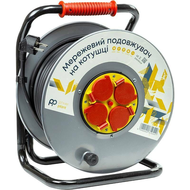 Удлинитель на катушке PowerPlant JY-20022/50 4 розетки, 16А, 3x2.5мм, 50 м, 100% медь Grey (EX610549)