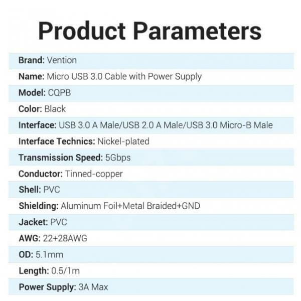 Кабель для принтера Vention 2in1 USB - USB Type-B 3.0 (M/M), 0.5 м, Black (CQPBD)