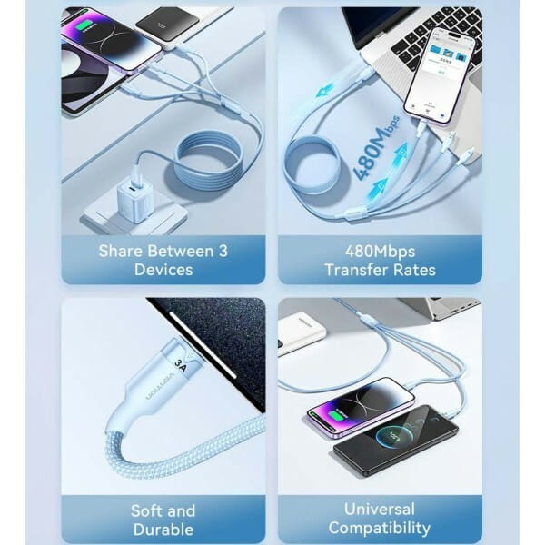 Кабель Vention USB - USB Type-С/microUSB/Lightning (M/M), 60W, 3А, 1.5 м, Black (CTPBG)