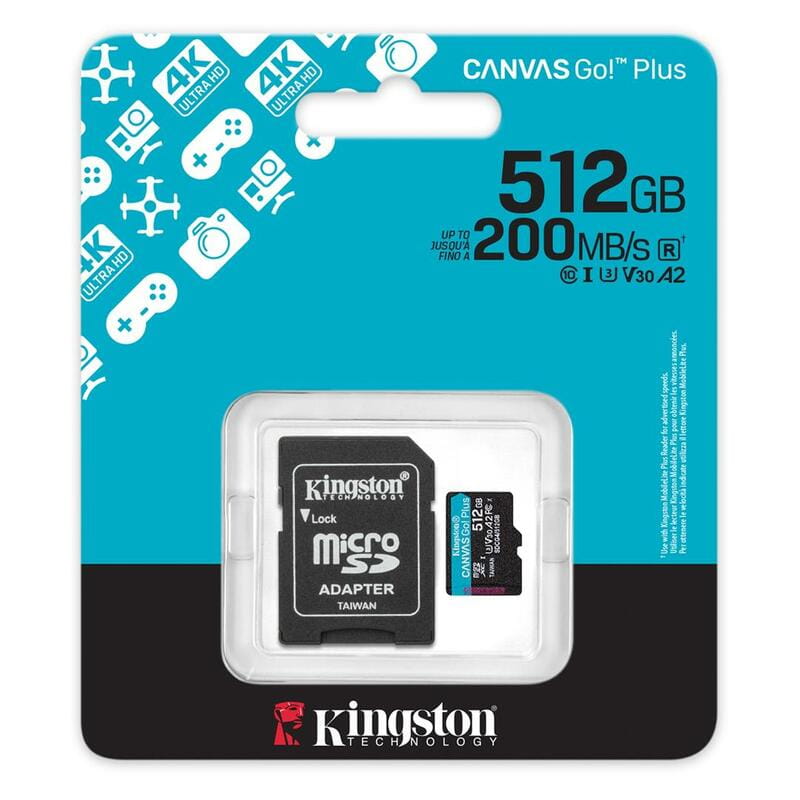 Карта памяти MicroSDXC  512GB UHS-I/U3 Class 10 Kingston Canvas Go! Plus R200/W160MB/s + SD-адаптер (SDCG4/512GB)