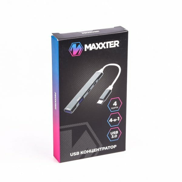 Концентратор USB Type-C Maxxter 1xUSB-A 3.0, 1xUSB-A 2.0, 2xUSB-C Gray (HU3C-4P-03)