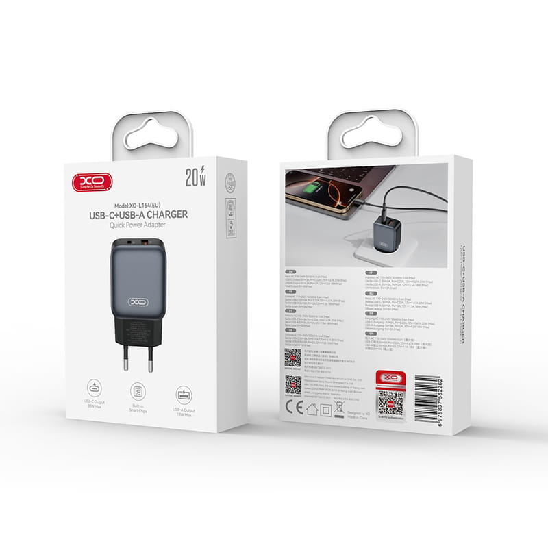 Сетевое зарядное устройство XO L154 (1USB-С, 1USB, 3А) PD, QC 3.0 Black (L154.black)