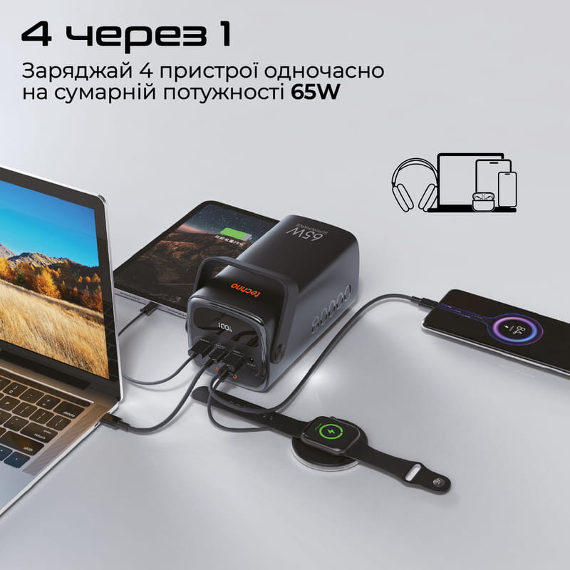 Универсальная мобильная батарея Techno 80000mAh PD 65W QC 3.0 Black (powerbank-80)