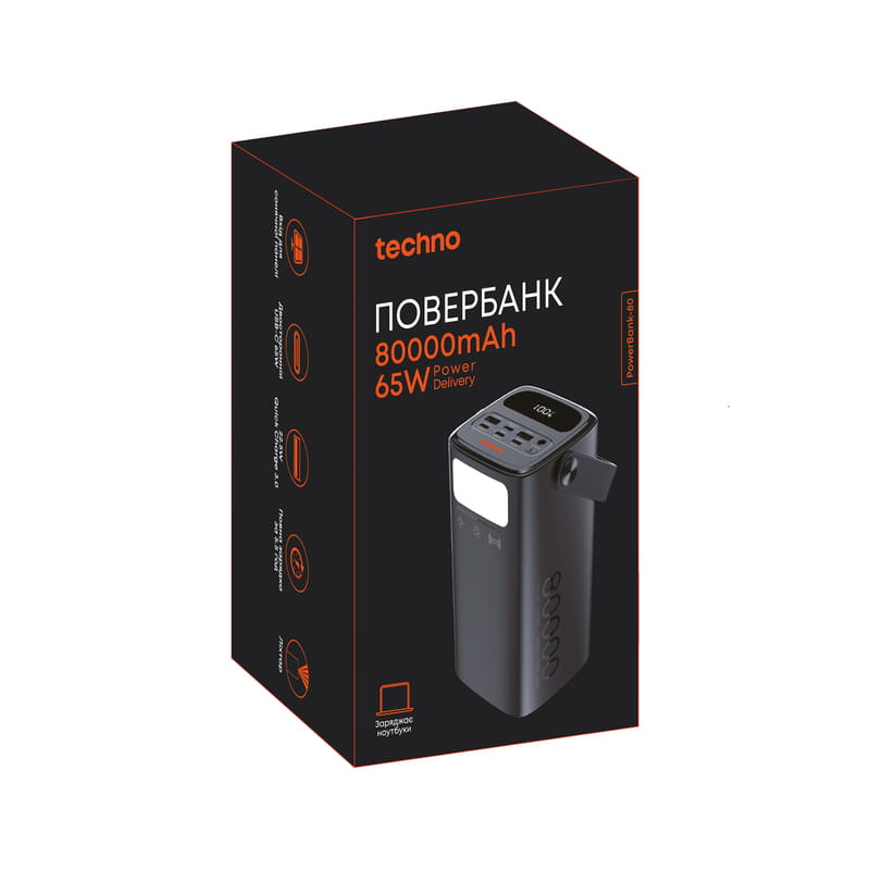 Универсальная мобильная батарея Techno 80000mAh PD 65W QC 3.0 Black (powerbank-80)