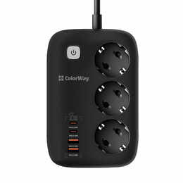 Фильтр питания ColorWay CW-CHE34PDB GaN3 Pro PD 65W (2USB-A + 2 TYPE-C) 3 розетки, 4 USB, 2 м, черный