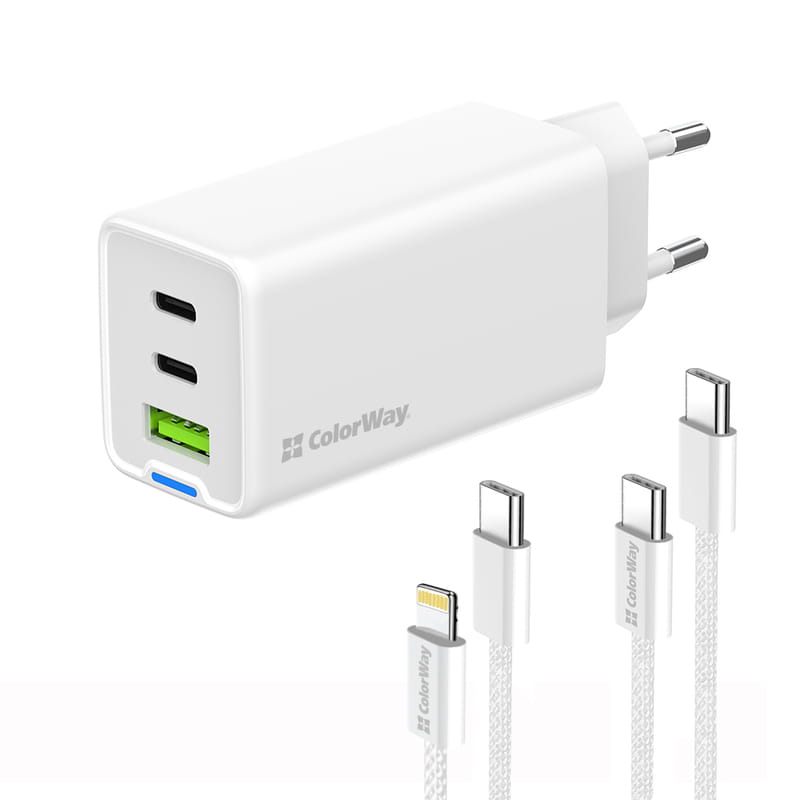 Сетевое зарядное устройство ColorWay GaN Mini 65W PD Port PPS USB (USB-2C1A) White (CW-CHS058PDCL-WT) + кабель Type-C&Lightning