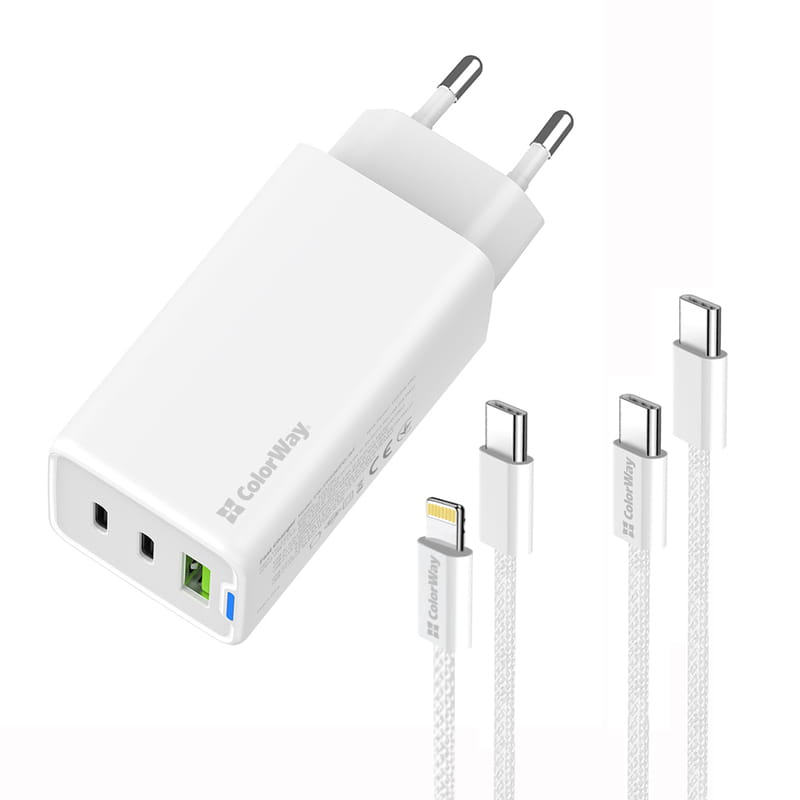 Сетевое зарядное устройство ColorWay GaN Mini 65W PD Port PPS USB (USB-2C1A) White (CW-CHS058PDCL-WT) + кабель Type-C&Lightning