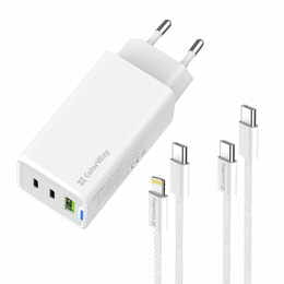 Сетевое зарядное устройство ColorWay GaN Mini 65W PD Port PPS USB (USB-2C1A) White (CW-CHS058PDCL-WT) + кабель Type-C&Lightning