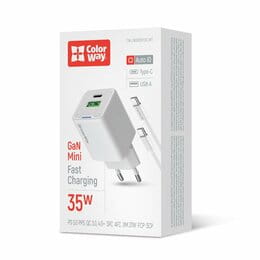 Купить Сетевое зарядное устройство ColorWay GaN Mini 35W PD Port PPS USB (Type-C PD + USB QC4.0) White (CW-CHS055PDC-WT) + кабель USB Type-C Сетевое зарядное устройство ColorWay GaN Mini 35W PD Port PPS USB (Type-C PD + USB QC4.0) White (CW-CHS055PDC-WT) + кабель USB Type-C