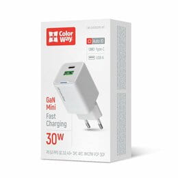 Купити Мережевий зарядний пристрій ColorWay GaN Mini 30W PD Port PPS USB (Type-C PD + USB QC4.0) White (CW-CHS053PD-WT) Мережевий зарядний пристрій ColorWay GaN Mini 30W PD Port PPS USB (Type-C PD + USB QC4.0) White (CW-CHS053PD-WT)