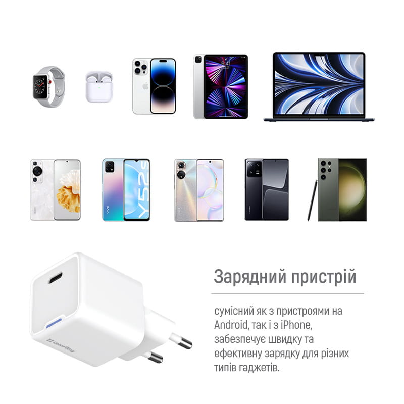 Мережевий зарядний пристрій ColorWay GaN Mini 30W PD Port PPS USB-C White (CW-CHS054PD-WT)
