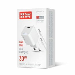 Купити Мережевий зарядний пристрій ColorWay GaN Mini 30W PD Port PPS USB-C White (CW-CHS054PDC-WT) + кабель USB Type-C Мережевий зарядний пристрій ColorWay GaN Mini 30W PD Port PPS USB-C White (CW-CHS054PDC-WT) + кабель USB Type-C