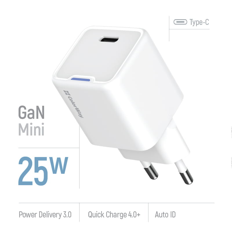 Мережевий зарядний пристрій ColorWay GaN Mini 25W PD Port PPS USB-C White (CW-CHS052PD-WT)