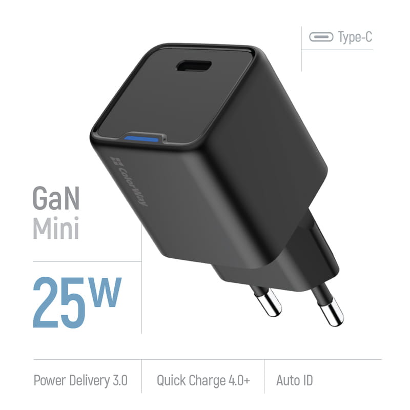Сетевое зарядное устройство ColorWay GaN Mini 25W PD Port PPS USB-C Black (CW-CHS052PD-BK)