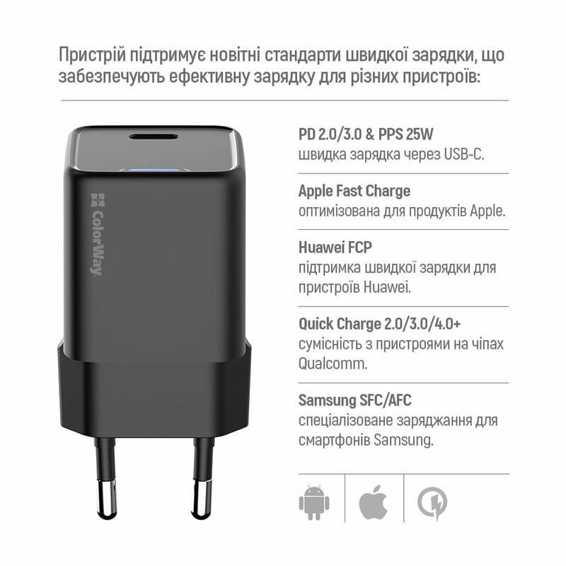 Сетевое зарядное устройство ColorWay GaN Mini 25W PD Port PPS USB-C Black (CW-CHS052PD-BK)
