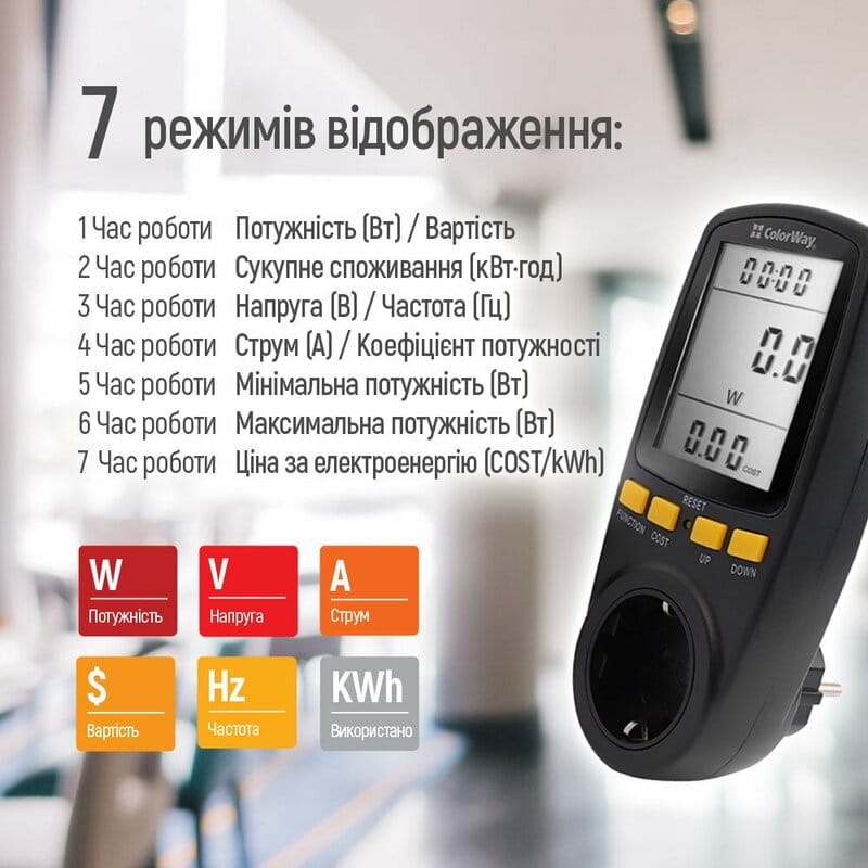 Энергометр цифровой (W/V/A/C/Hz/KWh) СolorWay для розетки (16A/3680W) (CW-VM16-02D)