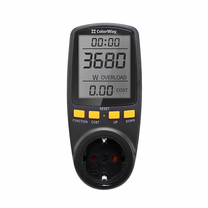 Энергометр цифровой (W/V/A/C/Hz/KWh) СolorWay для розетки (16A/3680W) (CW-VM16-02D)