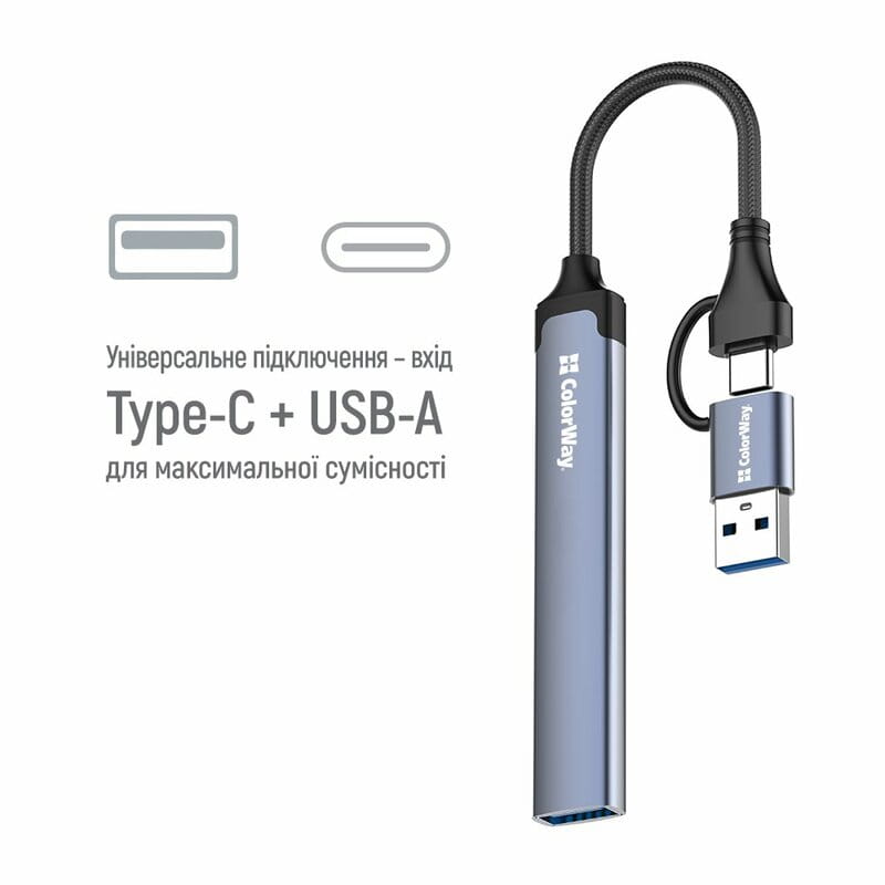Концентратор СolorWay USB-A/USB-C 4-в-1 USB2.0х2/USB3.0/USB-C2.0 (CW-HUB06)