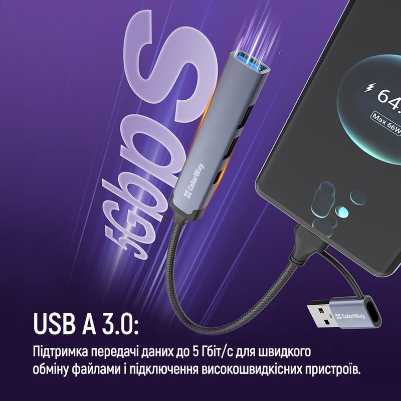 Концентратор СolorWay USB-A/USB-C 4-в-1 USB2.0х2/USB3.0/USB-C2.0 (CW-HUB06)