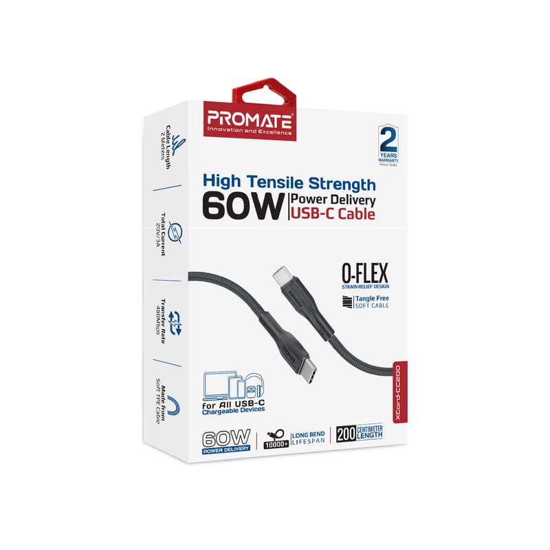 Кабель Promate xCord-CC200 USB Type-C - USB Type-C (M/M), 2 м, Black (xcord-cc200.black)