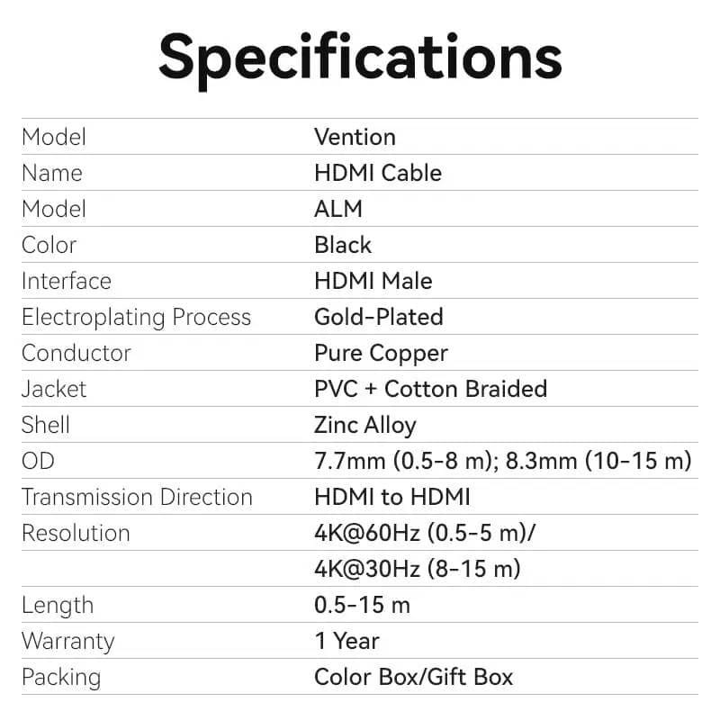 Кабель Vention HDMI - HDMI V 2.0 (M/M), 3 м, Black (ALMBI)