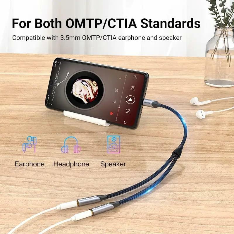 Кабель Vention Audio 2x3.5 mm F - USB Type-C M, 0.3 m, Black (BGPHY)