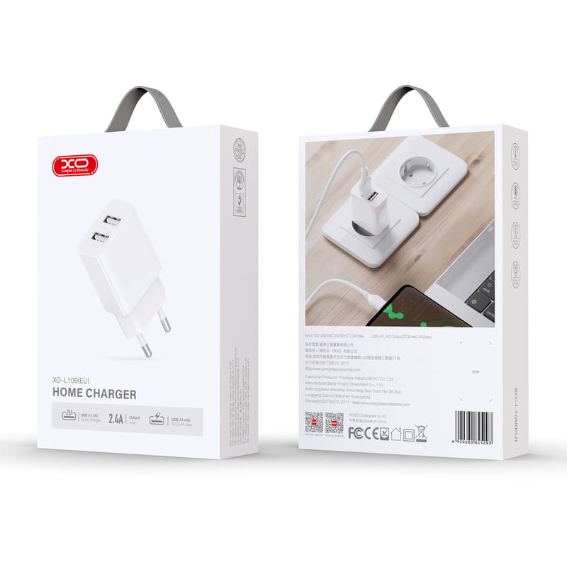Сетевое зарядное устройство XO L109 (2USB, 2.4А) White (L109.white)