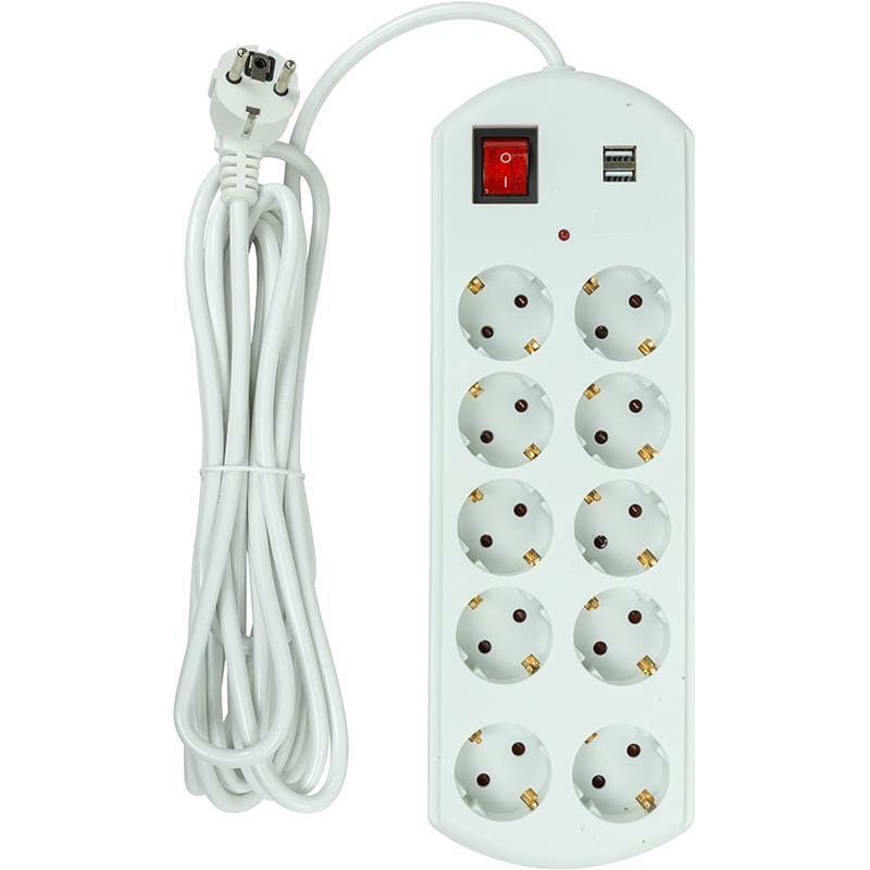 Фильтр питания PowerPlant YS-N6065/5 (EX610556) 10 розеток, 2xUSB, 5 м, евростандарт, белый