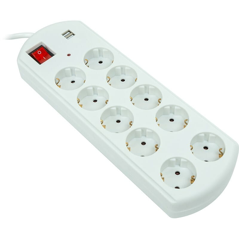 Фильтр питания PowerPlant YS-N6065/5 (EX610556) 10 розеток, 2xUSB, 5 м, евростандарт, белый