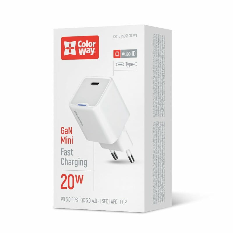Мережевий зарядний пристрій ColorWay GaN Mini 20W PD Port PPS USB-C White (CW-CHS059PD-WT)