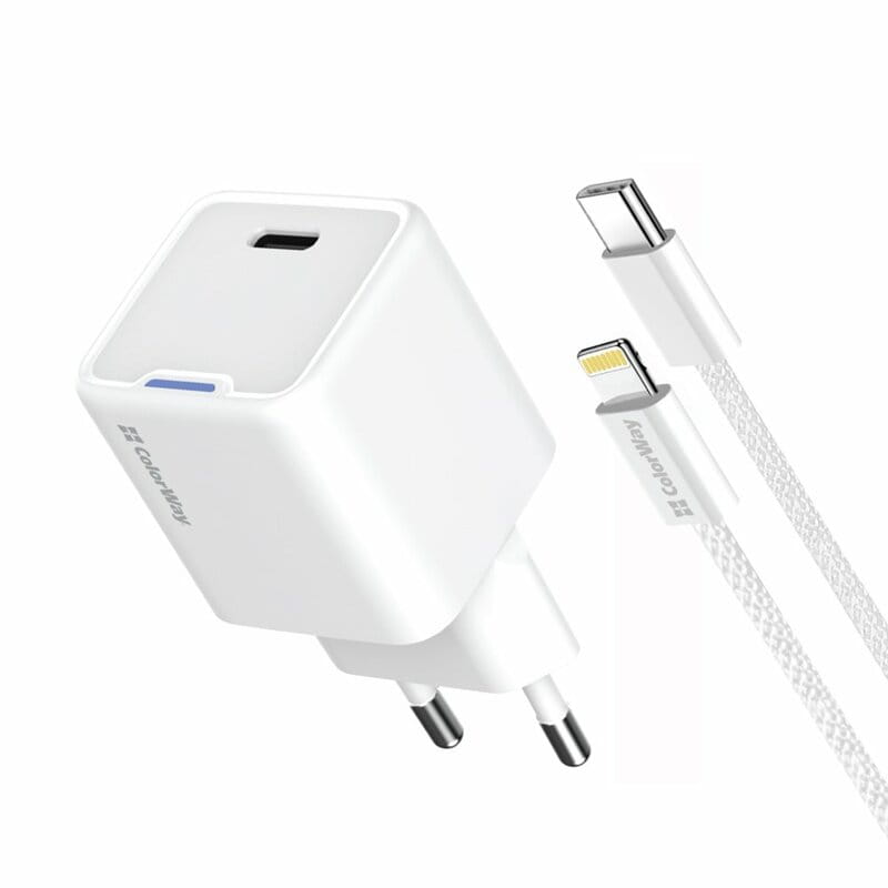 Сетевое зарядное устройство ColorWay GaN Mini 20W PD Port PPS USB-C White (CW-CHS059PDL-WT) + кабель Lightning