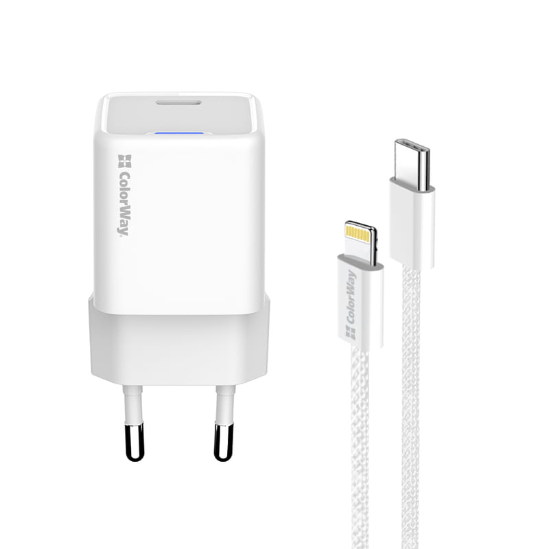 Сетевое зарядное устройство ColorWay GaN Mini 20W PD Port PPS USB-C White (CW-CHS059PDL-WT) + кабель Lightning