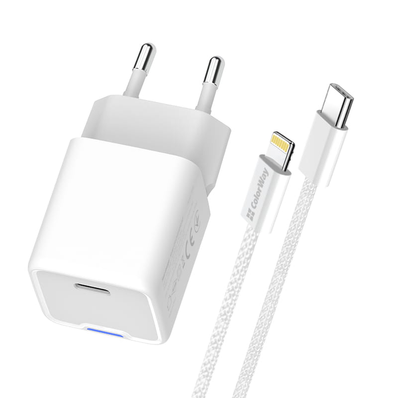 Сетевое зарядное устройство ColorWay GaN Mini 20W PD Port PPS USB-C White (CW-CHS059PDL-WT) + кабель Lightning