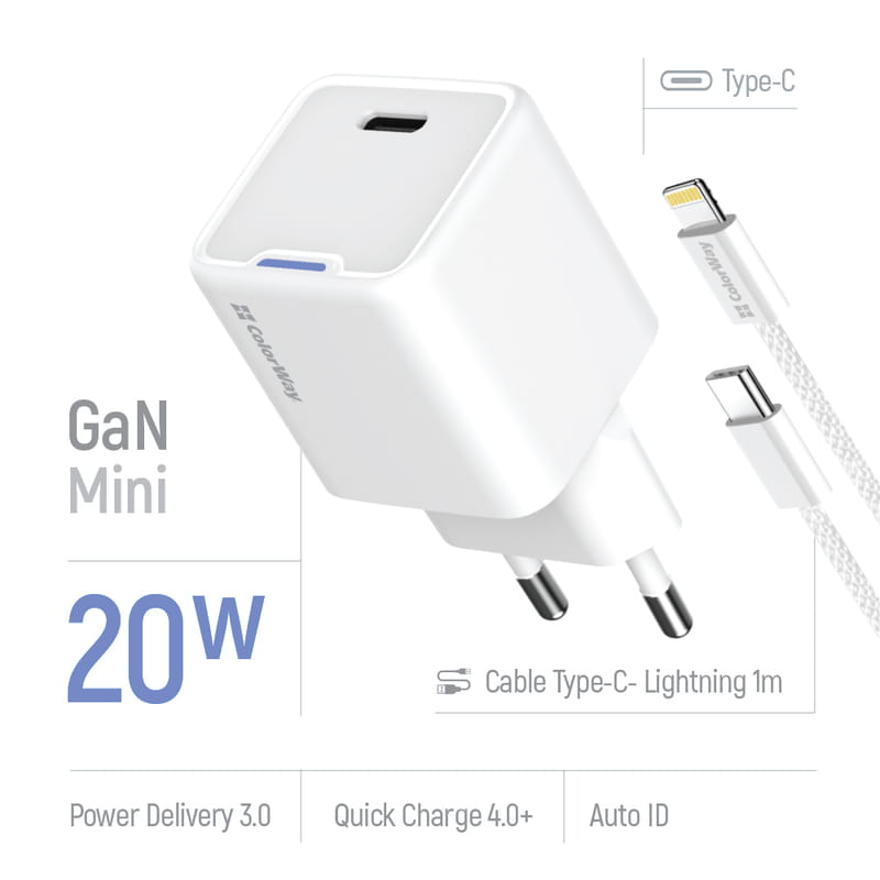 Сетевое зарядное устройство ColorWay GaN Mini 20W PD Port PPS USB-C White (CW-CHS059PDL-WT) + кабель Lightning