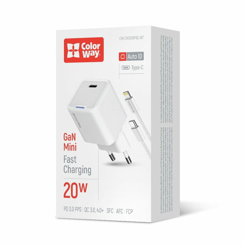 Сетевое зарядное устройство ColorWay GaN Mini 20W PD Port PPS USB-C White (CW-CHS059PDL-WT) + кабель Lightning