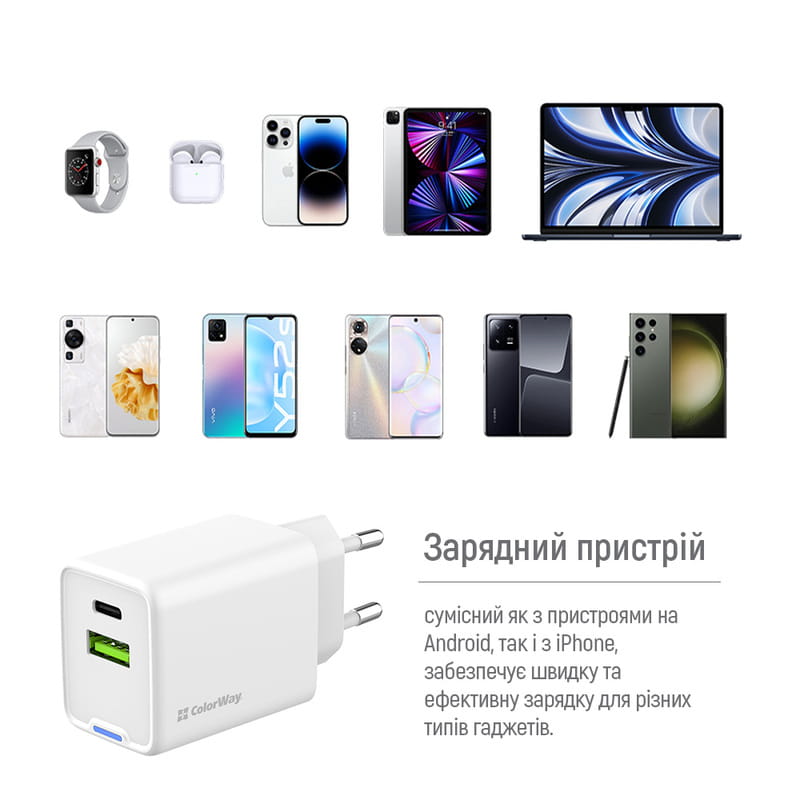 Сетевое зарядное устройство ColorWay GaN Mini 45W PD Port PPS USB (Type-C PD + USB QC4.0) White (CW-CHS060PD-WT)