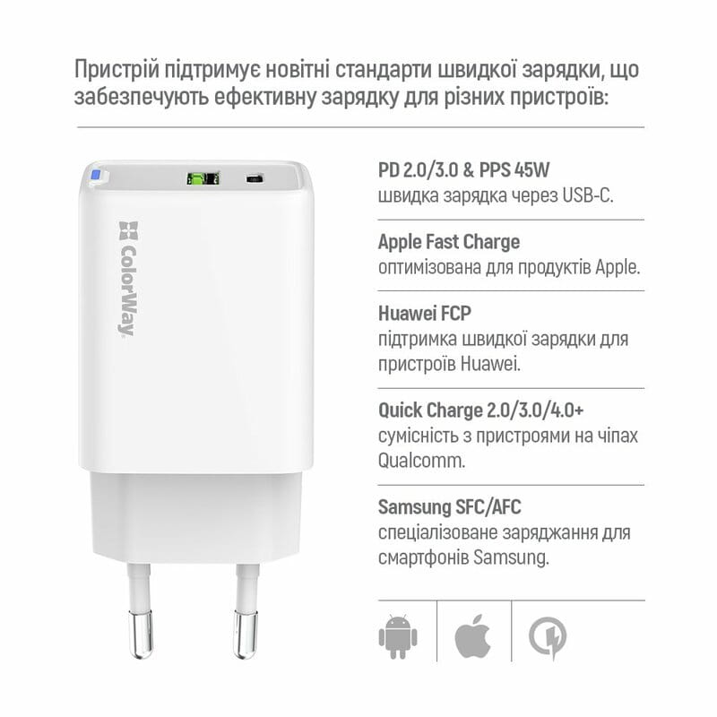 Сетевое зарядное устройство ColorWay GaN Mini 45W PD Port PPS USB (Type-C PD + USB QC4.0) White (CW-CHS060PD-WT)