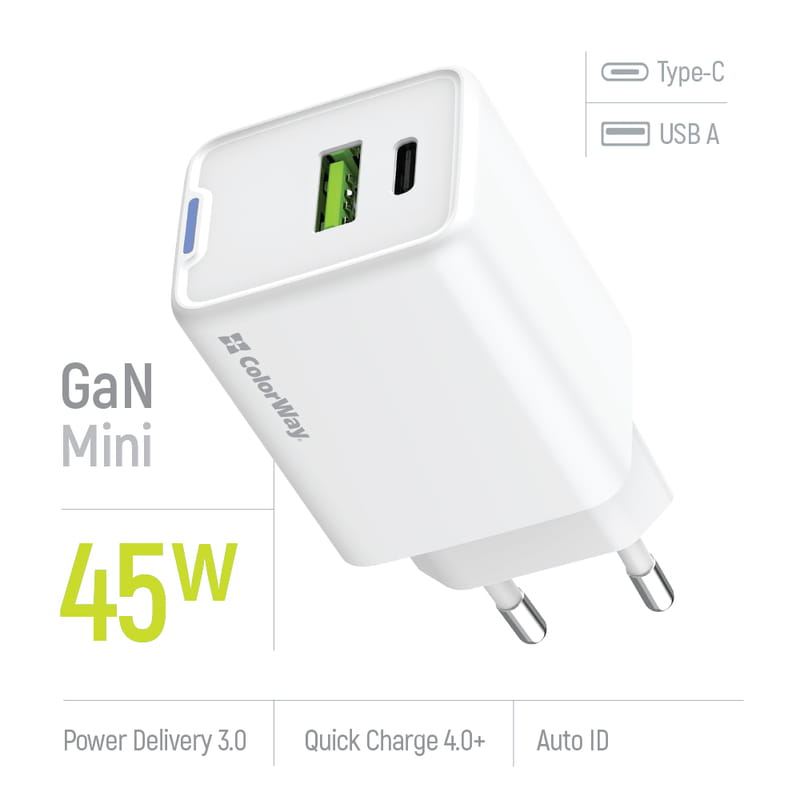 Сетевое зарядное устройство ColorWay GaN Mini 45W PD Port PPS USB (Type-C PD + USB QC4.0) White (CW-CHS060PD-WT)