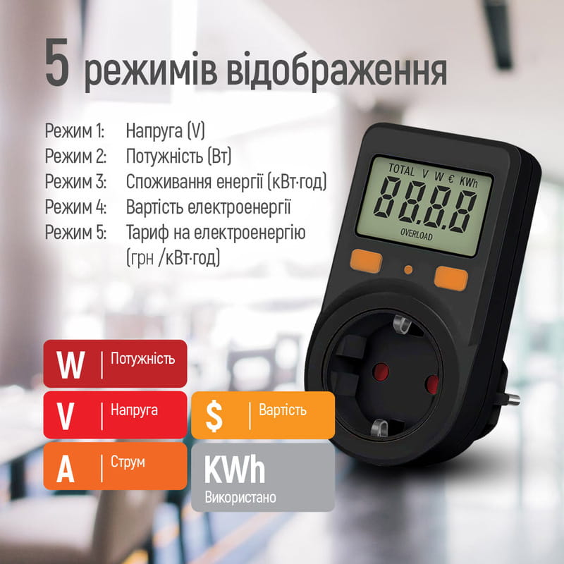 Энергометр цифровой (W/V/A/C/KWh) СolorWay для розетки (16A/3680W) (CW-VM16-01D)