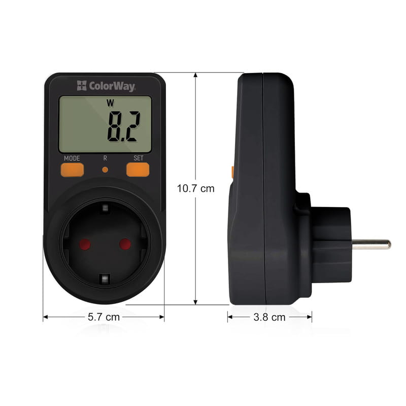 Энергометр цифровой (W/V/A/C/KWh) СolorWay для розетки (16A/3680W) (CW-VM16-01D)