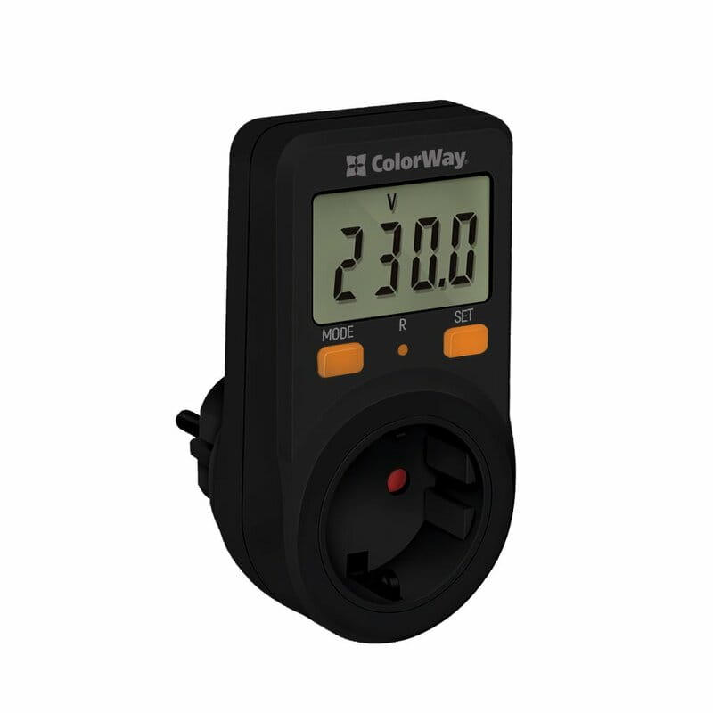 Энергометр цифровой (W/V/A/C/KWh) СolorWay для розетки (16A/3680W) (CW-VM16-01D)
