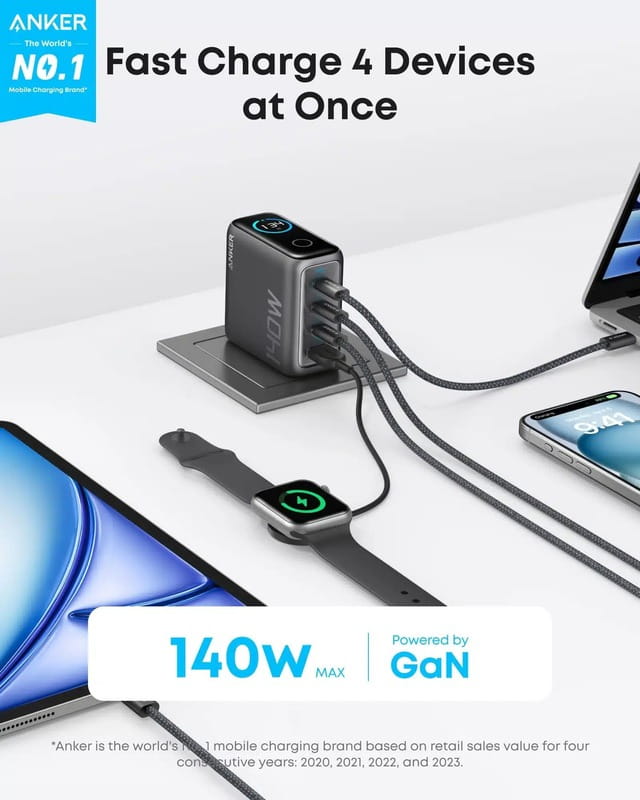 Сетевое зарядное устройство Anker Laptop GaN Charger Black, 140W 3xUSB-C 1xUSB-A Display (B2697GZ1) + кабель USB Type-C