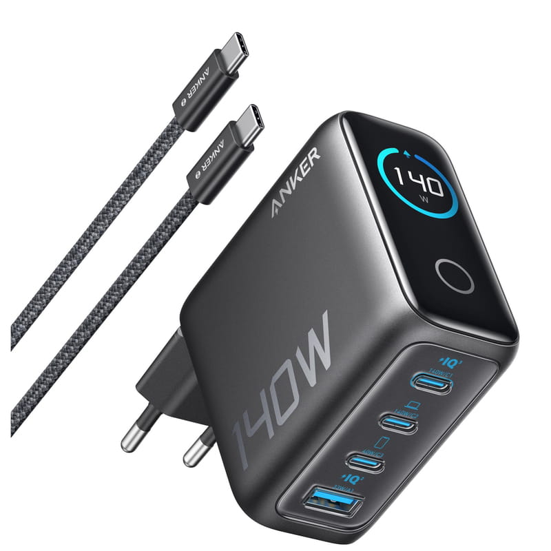 Мережевий зарядний пристрій Anker Laptop GaN Charger Black, 140W 3xUSB-C 1xUSB-A Display (B2697GZ1) + кабель USB Type-C