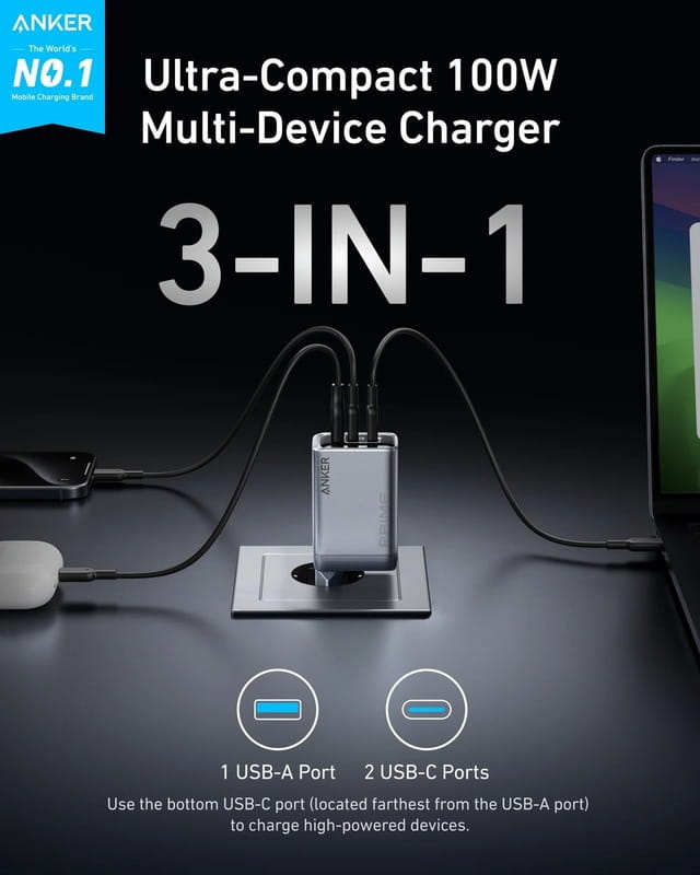 Сетевое зарядное устройство Anker PowerPort GaNPrime 100W 2xUSB Type-C, USB Type-A Silver (A2688341)