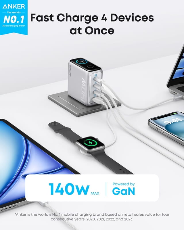 Мережевий зарядний пристрій Anker Laptop GaN Charger Silver, 140W 3xUSB-C 1xUSB-A Display (B2697G41) + кабель USB Type-C